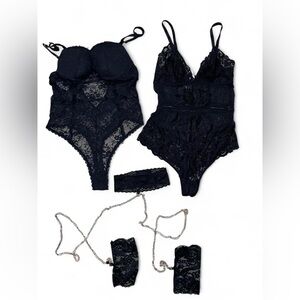 Black Lace Lingerie set with matching chain choker and wristband lace.